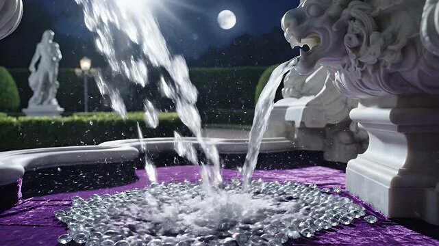 Elegant marble lion fountain spouts clear water onto a bed of shimmering glass beads under a bright full moon in a formal garden setting with classical statues and manicured hedges at night.