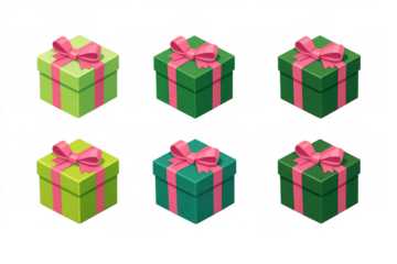 Isometric gift boxes set featuring various green colors tied with pink ribbons, perfect for celebration and holiday surprises