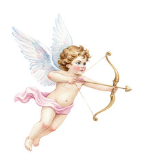Fototapeta premium Cherubic Cupid aiming a golden bow and arrow with focused expression and rosy cheeks in a gentle watercolor illustration