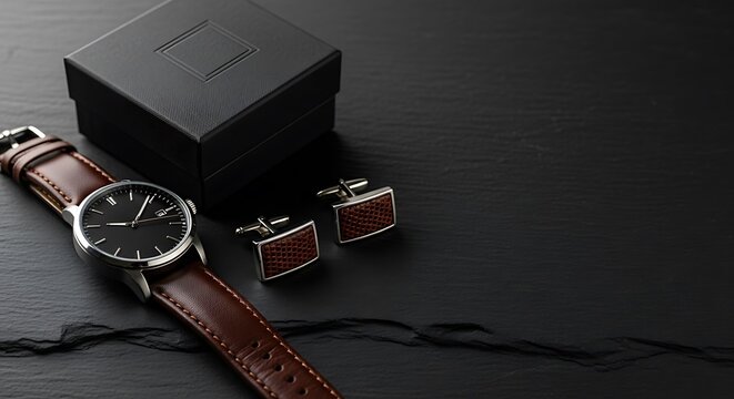 Luxury Watch Cufflinks and Gift Box on Dark Surface