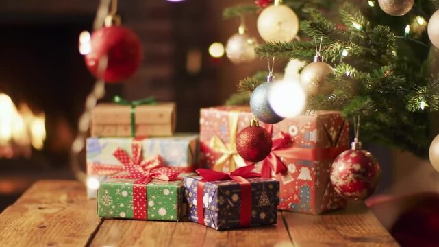 Festive Christmas presents stacked on a wooden table near a decorated tree.