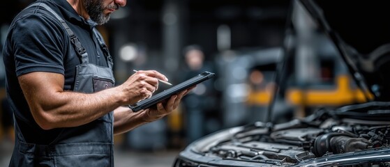 Auto mechanic using a digital tablet for car diagnostics in a service garage. Professional technician working with modern technology on a vehicle engine