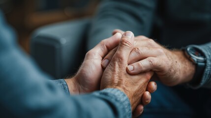 Supportive hands holding an older man's hands in a gesture of comfort. Empathy, compassion, and care for the elderly concept
