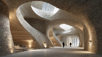 Futuristic architectural interior with organic curved stone walls. Modern biomorphic design of a public space like a museum or gallery. Innovative and monumental building concept