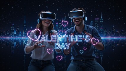 Happy couple wearing VR headsets interacting with neon Valentine's Day text and hearts. Virtual reality dating in the metaverse concept