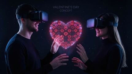Happy couple wearing VR headsets touching a glowing digital heart in the metaverse. Virtual reality love and Valentine's Day concept