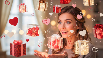 Happy surprised woman receiving magical floating gifts. Valentine's Day celebration with glowing presents and hearts. Romantic holiday and love concept