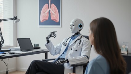 An AI robot doctor consults with a patient in a modern medical office. Futuristic healthcare technology and artificial intelligence in medicine concept