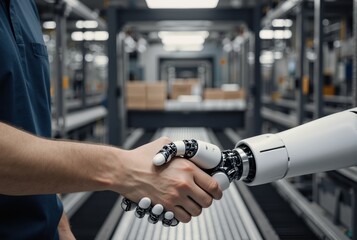 Close-up of a human hand shaking a robotic arm in a factory. Collaboration between man and machine. Automation and future technology concept
