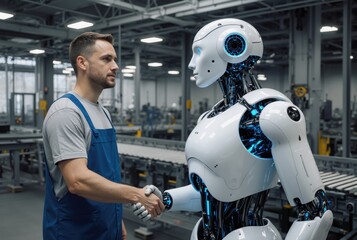A factory worker shaking hands with a humanoid robot. Human and artificial intelligence collaboration in a modern manufacturing plant. Future of automation and industry concept