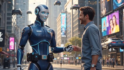 A human man shakes hands with a friendly android on a futuristic city street. Human-robot interaction with flying cars in a metropolis. Artificial intelligence and future technology concept