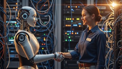 A female engineer shaking hands with a humanoid robot in a server room. Human and artificial intelligence collaboration. The future of technology and automation concept