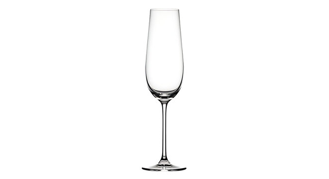 A tall, elegant empty champagne flute on a black background.