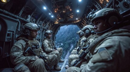 Soldiers in military helicopter at night, concept of mission and special forces