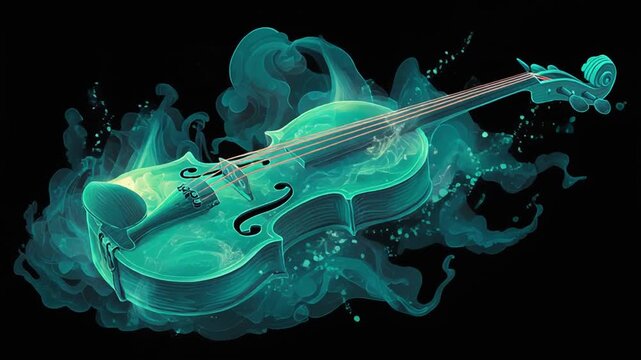 Glowing teal violin emanates swirling smoke against a black background. Striking and artistic