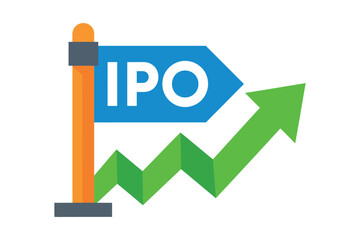 A graphic illustration of an IPO sign with a green arrow indicating growth and success in the stock market.