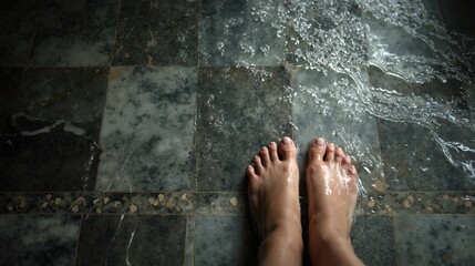 Wet feet on marble floor with flowing water in shower, highlighting cleanliness and texture contrast in bathroom environment