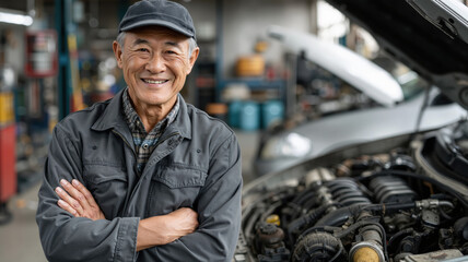 Smiling asian mechanic with open car hood in auto repair shop, elderly man posing in garage