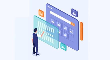 Man interacting with digital interface for managing online content and media files.