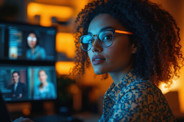Young african American woman in glasses working at computer in office at night, online conference and global international business