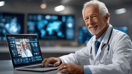 Senior male doctor engaging in virtual consultation with colleague using laptop in modern hospital, online healthcare and telemedicine concept