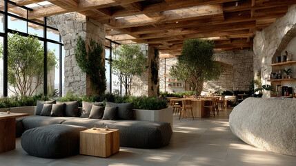 Modern rustic interior with stone walls and wooden ceiling featuring cozy seating and indoor greenery in sunlit open space