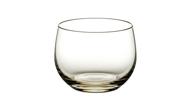 A clear, empty glass tumbler with a simple rounded design.