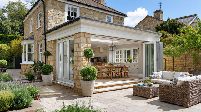 Modern country house with cozy patio and large glass doors, rich classical stone home with garden in summer