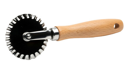 A metal and wood ravioli or pasta cutter on black.