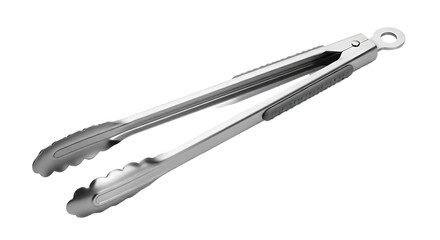 A pair of shiny silver kitchen tongs on a black background.