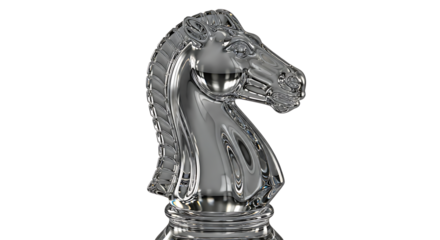 An elegant clear glass chess knight stands on a black background.