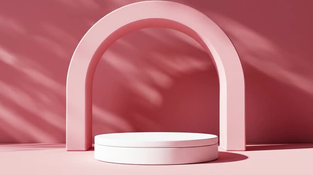 Minimalist pink podium with arch and leaf shadows, perfect for product display and presentation.