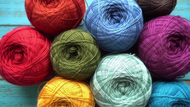 Colorful yarn balls arranged on a blue wooden surface, creating a vibrant and textured background.