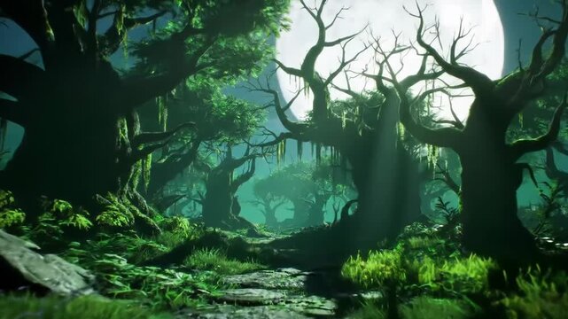 Enchanting forest path illuminated by moonlight, creating a mystical and serene atmosphere.