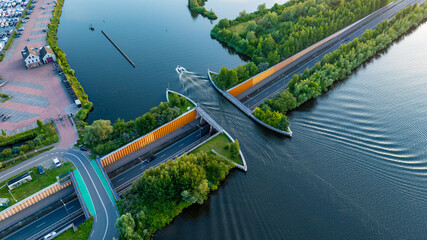Aerial View of Veluwemeer Aqueduct Carrying Road Beneath Waterway, Netherlands © Vit Onopriienko