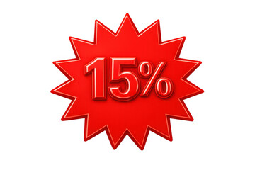 Red starburst price tag showing 15% discount for a limited time special promotion on transparent background