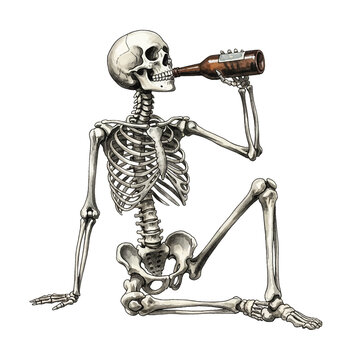 Skeleton sitting cheerfully drinking beer from a bottle with a smiling skull in a detailed illustration