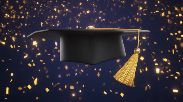 3D Animation of graduation hat icons over dark. blue and golden confetti background
