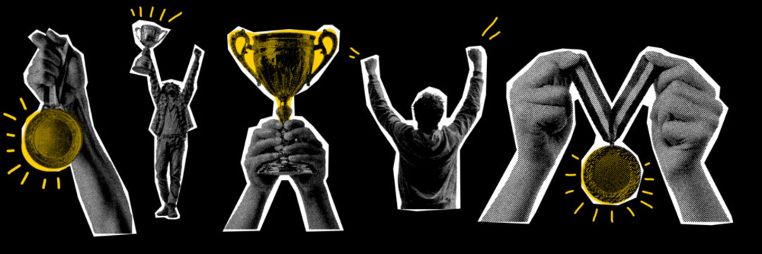 Business success celebration with people holding trophies and medals in bold halftone collage style
