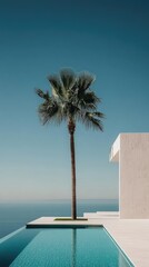A palm tree is in front of a white house