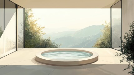 A large, white bathtub with a view of mountains