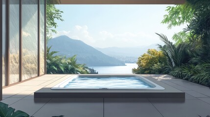 A small pool with a view of the mountains and a lake