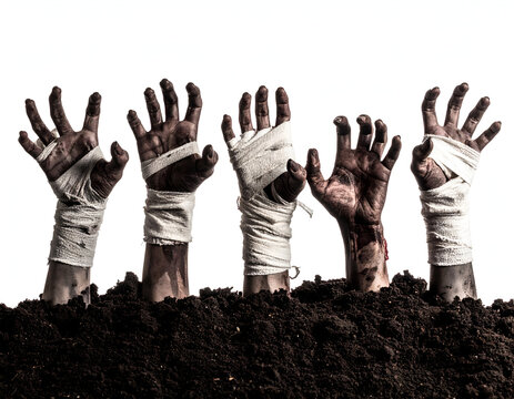 Gruesome hands emerging from dark soil, symbolizing horror, resurrection, or the struggle for survival in a ghostly scene.