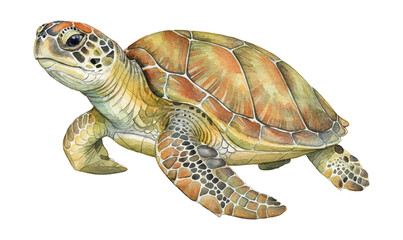 Beautiful Green Sea Turtle Walking Slowly in a Detailed Watercolor Painting on a White Background