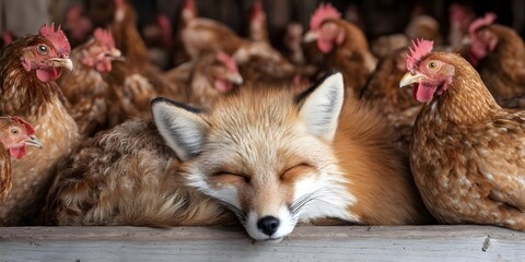 Fototapeta premium Peace Among Feathers: The Fox’s Truce, ai generated.