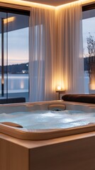 A large bathtub with a lighted water feature