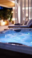 A large hot tub with a blue light on it