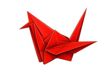 Red origami paper crane representing peace, hope, and traditional japanese culture, isolated with a transparent background
