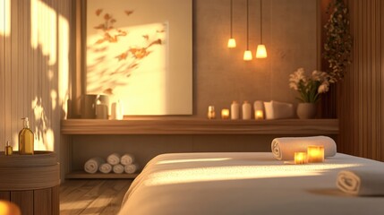 A spa room with a white bed and a wooden shelf with towels