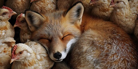 Fototapeta premium Peace Among Feathers: The Fox’s Truce, ai generated.